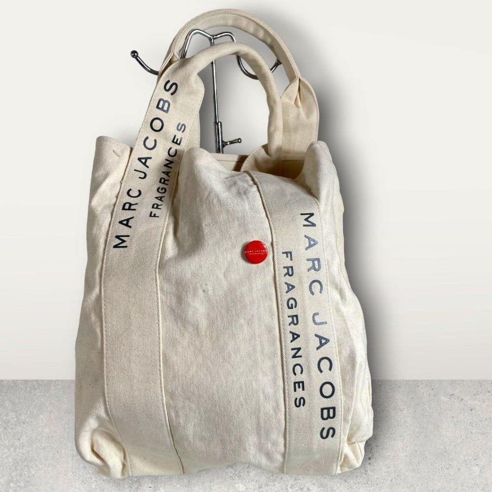 EUC Marc Jacobs Fragrances Cotton Canvas Handbag Tote Button Pin
